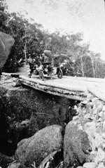The first motor car on Mt Buffalo, crossing a log bridge