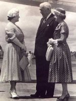 Prime Minister Menzies and Dame Pattie meet the Queen Mother on her arrival in Canberra